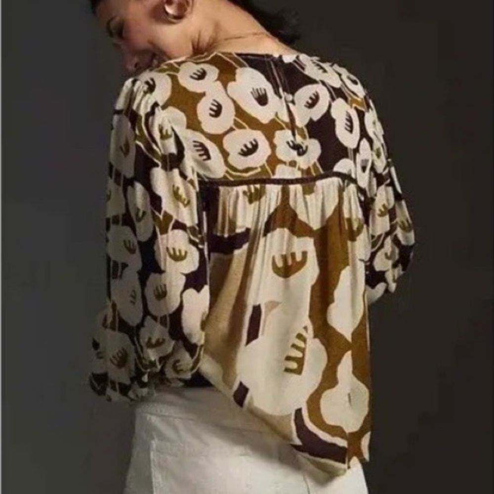Anthropologie x BL^NK London “Miranda” Peasant Blouse Brown & Ivory Floral XS - Picture 4 of 6